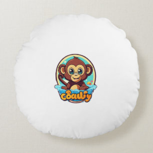 Kawaii Monkey Splash Retro Logo Round Cushion