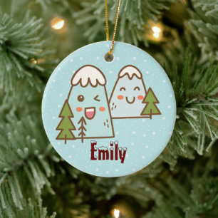Kawaii Mountains in Snow Ceramic Ornament