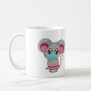 Kawaii mouse in face mask with cake coffee mug