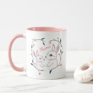 kawaii mum rabbit and her bunny with flowers mug