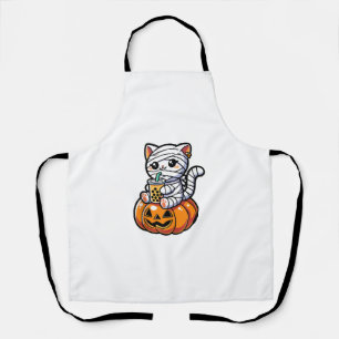 Kawaii Mummy Cat Drinking Boba Tea Halloween Pumpk Apron