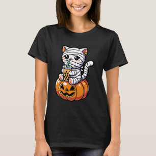 Kawaii Mummy Cat Drinking Boba Tea Halloween Pumpk T-Shirt