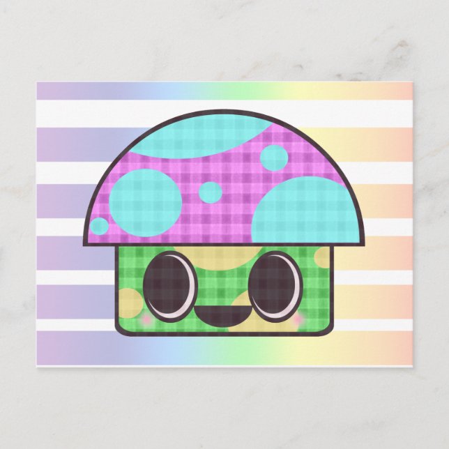 KAWAII MUSHROOM SHROOM GINGHAM PATCHWORK PLAID POSTCARD (Front)