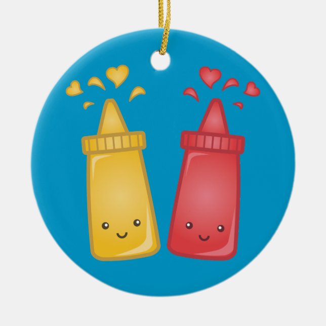 Kawaii Mustard and Ketchup Love Ceramic Tree Decoration (Front)