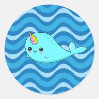 Kawaii Narwhal Blue Waves Sticker