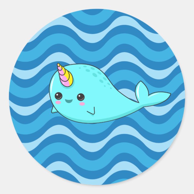 Kawaii Narwhal Blue Waves Sticker (Front)