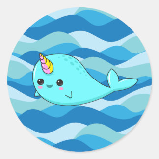 Kawaii Narwhal on Blue Waves Sticker