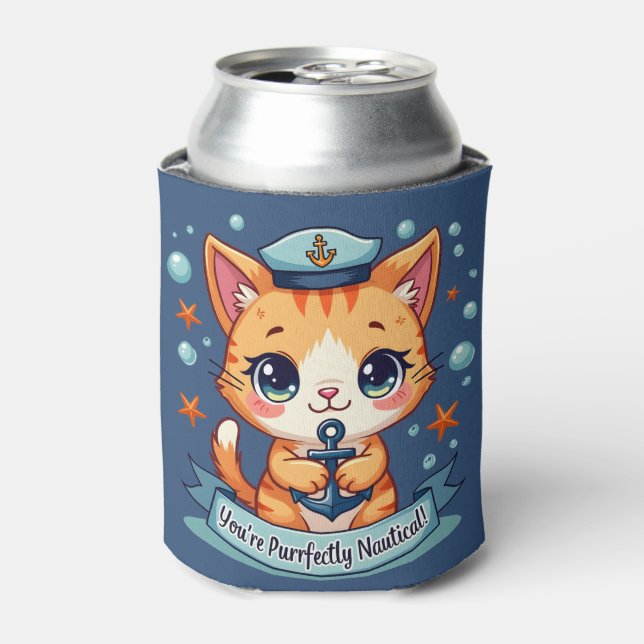Kawaii Nautical Cat Sailing Anchor Pun Can Cooler (Can Front)