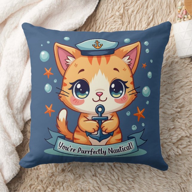Kawaii Nautical Cat Sailing Anchor Pun Cushion (Blanket)