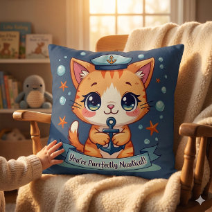 Kawaii Nautical Cat Sailing Anchor Pun Cushion