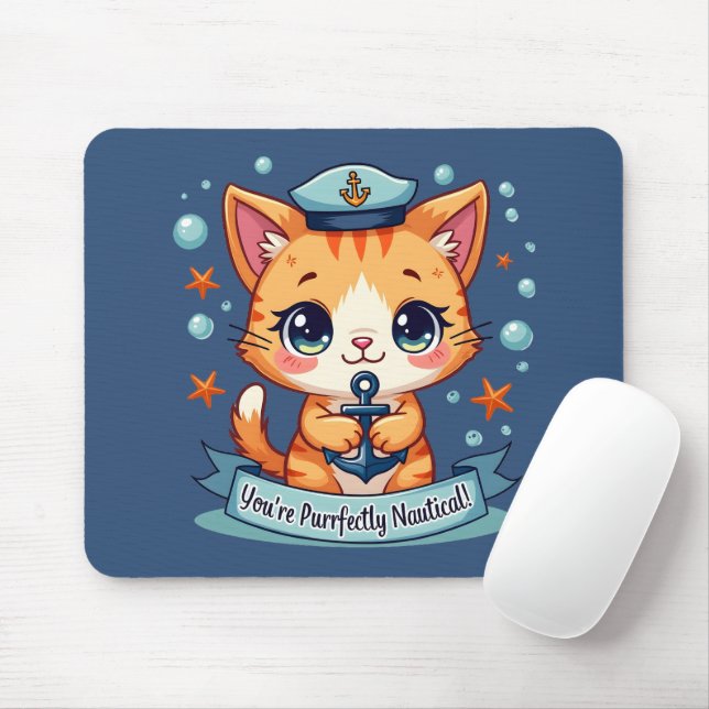 Kawaii Nautical Cat Sailing Anchor Pun Mouse Pad (With Mouse)