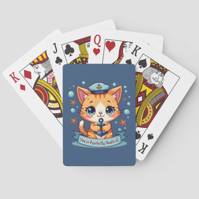 Kawaii Nautical Cat Sailing Anchor Pun Playing Cards (Back)