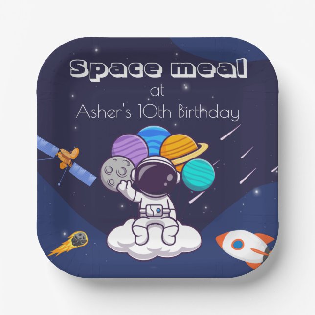 Kawaii Navy Blue Astronaut Space Theme Square Paper Plate (Front)