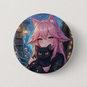 Kawaii Neko Anime Girl with Black Cat - Eclipse Ca 6 Cm Round Badge