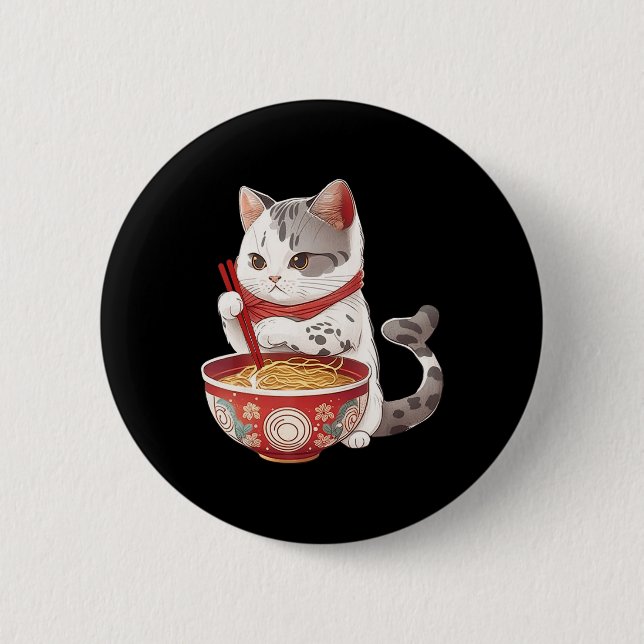 Kawaii NeKo Cat Eating Ramen Noodles Japanese Food 6 Cm Round Badge (Front)