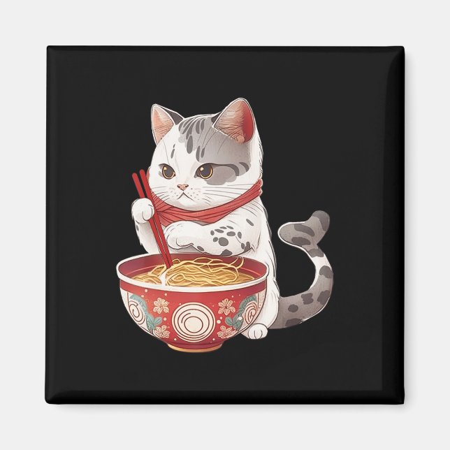 Kawaii NeKo Cat Eating Ramen Noodles Japanese Food Magnet (Front)