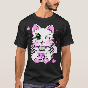Kawaii Neko Cat Pink Tapioca Boba Kitty Bubble Tea T-Shirt