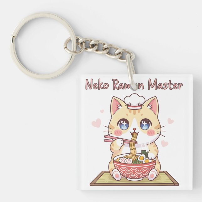Kawaii Neko Ramen Master Cute Cat Food Chef Key Ring (Front)
