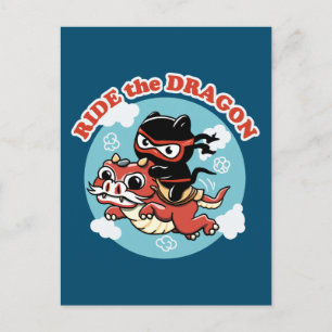 Kawaii Ninja Cat Ride The Dragon Postcard