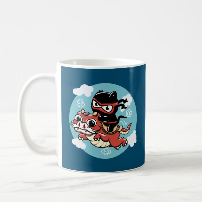 Kawaii Ninja Cat Riding a Red Dragon Coffee Mug (Left)