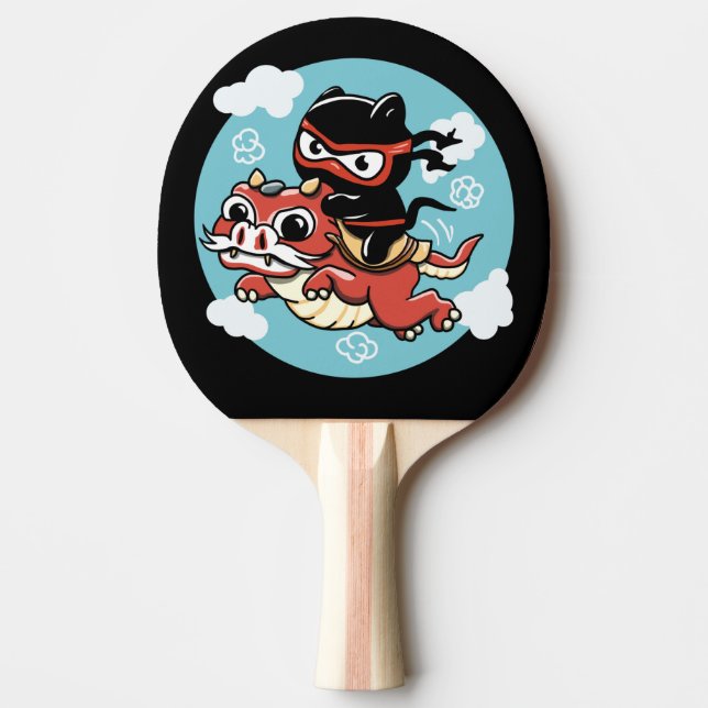 Kawaii Ninja Cat Riding a Red Dragon Ping Pong Paddle (Front)