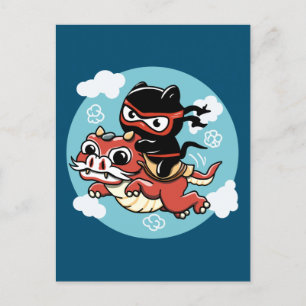 Kawaii Ninja Cat Riding a Red Dragon Postcard