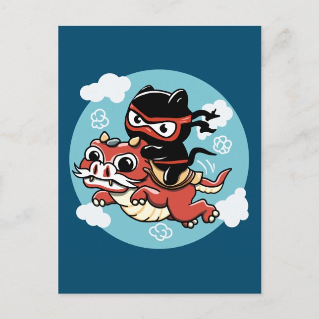 Kawaii Ninja Cat Riding a Red Dragon Postcard (Front)