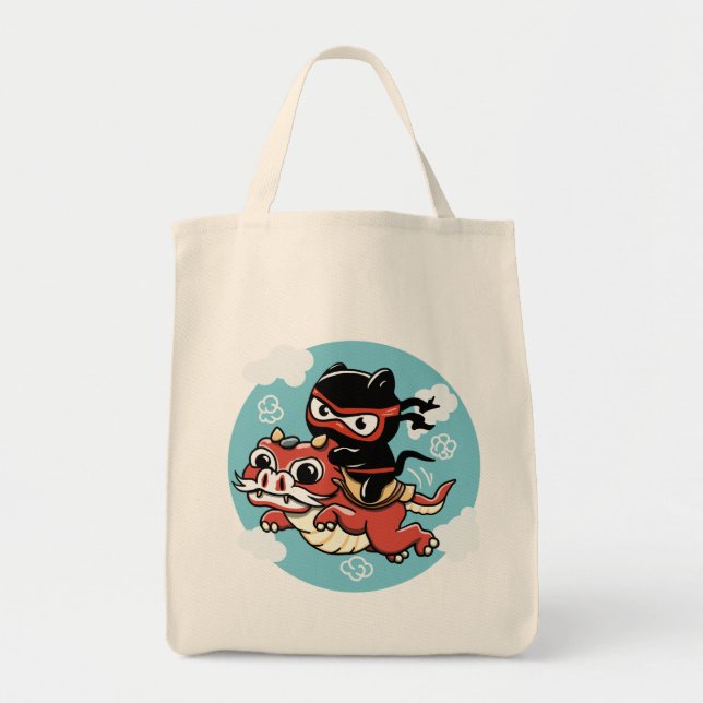 Kawaii Ninja Cat Riding a Red Dragon Tote Bag (Front)