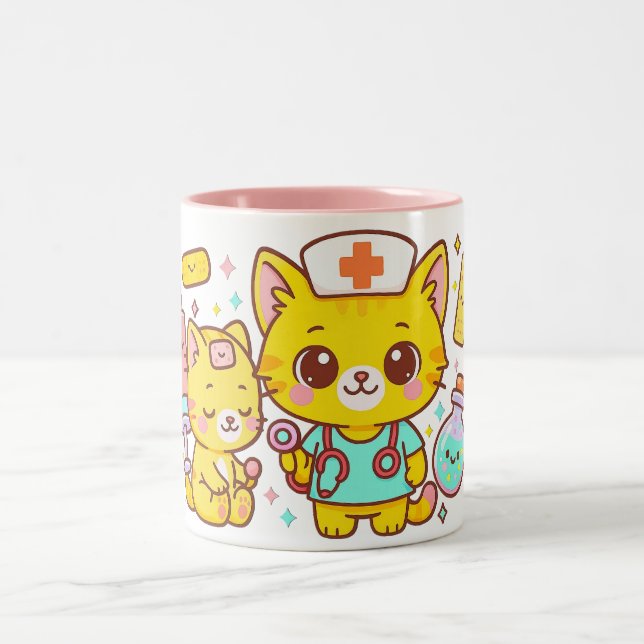 Kawaii Nurse Cat Duo Two-Tone Coffee Mug (Center)