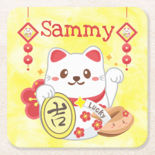 Kawaii Oriental Lucky Cat Square Paper Coaster