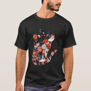 Kawaii Origami cat Japanese Floral Pattern cat Hol T-Shirt