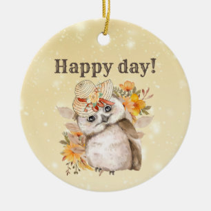 kawaii owl with warm leaves background ceramic ornament