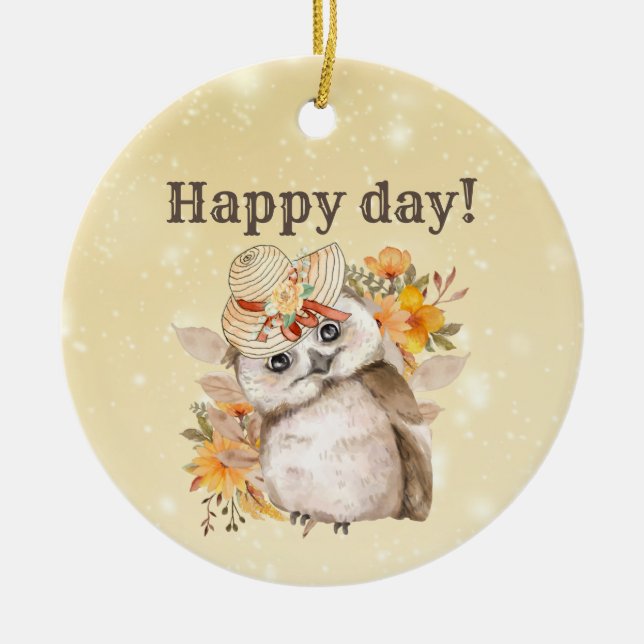 kawaii owl with warm leaves background ceramic ornament (Front)