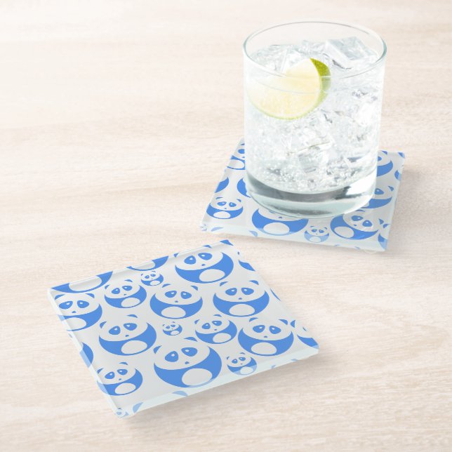 Kawaii Panda Baby Blue and WhitePattern Glass Coaster (Angled)