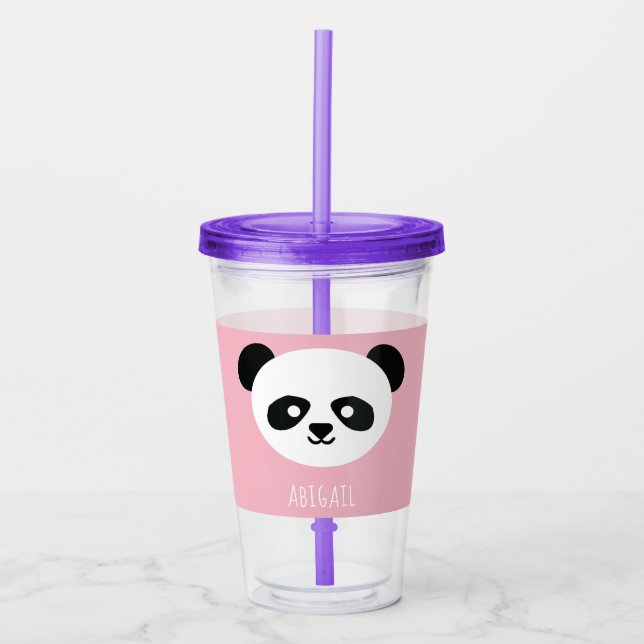 Kawaii Panda Cute Kids Pink Personalised Acrylic Tumbler (Front)