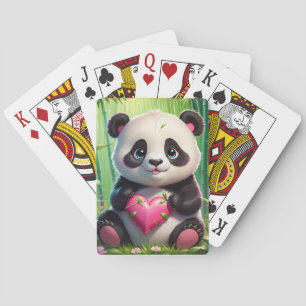 Kawaii Panda Holding Heart in a Bamboo Forest Playing Cards