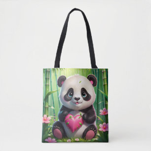 Kawaii Panda Holding Heart in a Bamboo Forest Tote Bag