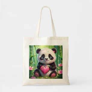 Kawaii Panda Holding Heart in a Bamboo Forest Tote Bag