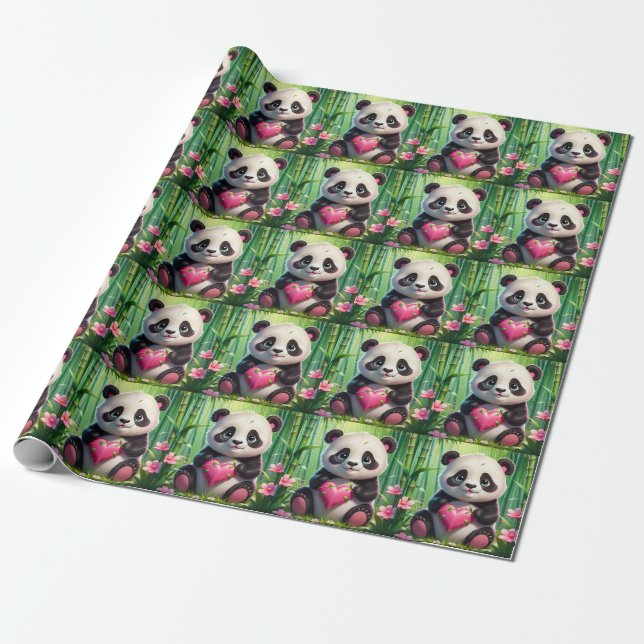 Kawaii Panda Holding Heart in a Bamboo Forest Wrapping Paper (Unrolled)