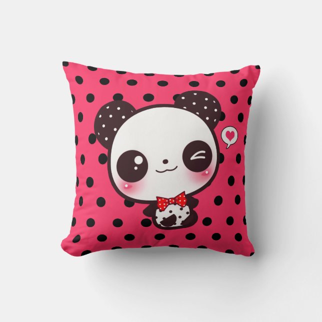 Kawaii panda on black polka dots cushion (Front)
