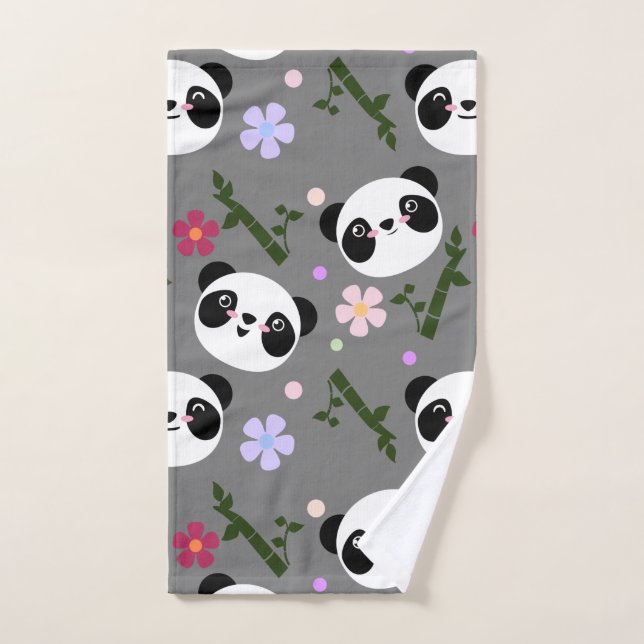 Kawaii Panda on Grey Hand Towel (Hand Towel)