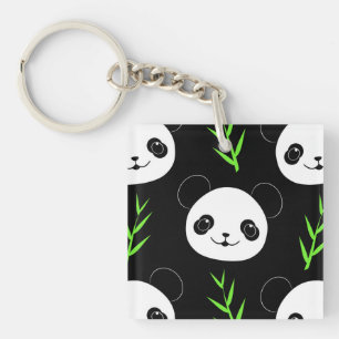 Kawaii Panda Pattern Bamboo In Black White Green Key Ring