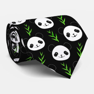 Kawaii Panda Pattern Bamboo In Black White Green Tie