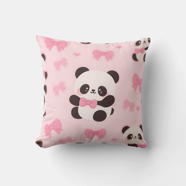 Kawaii Panda Pink Bow Pattern Cushion (Front)