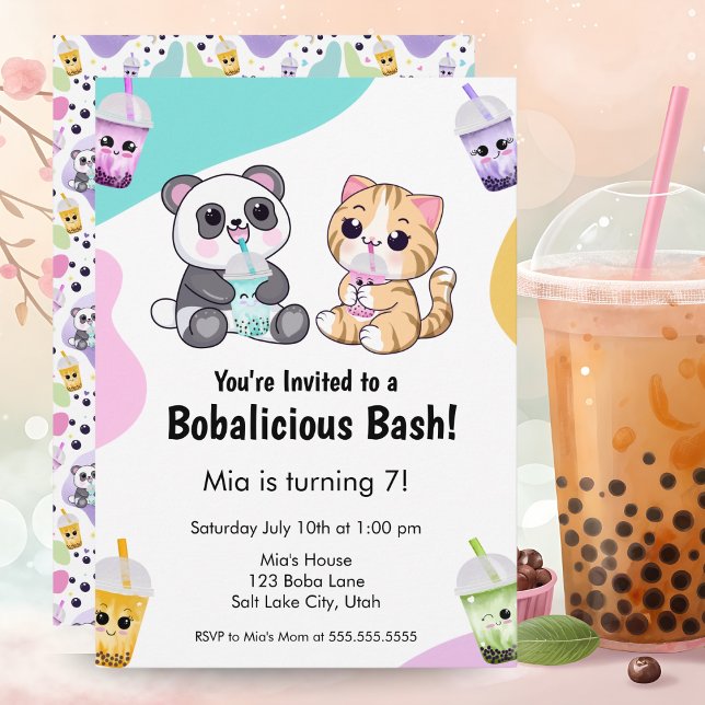 Kawaii Panda & Tiger Bubble Tea Kids Birthday  Invitation (Creator Uploaded)