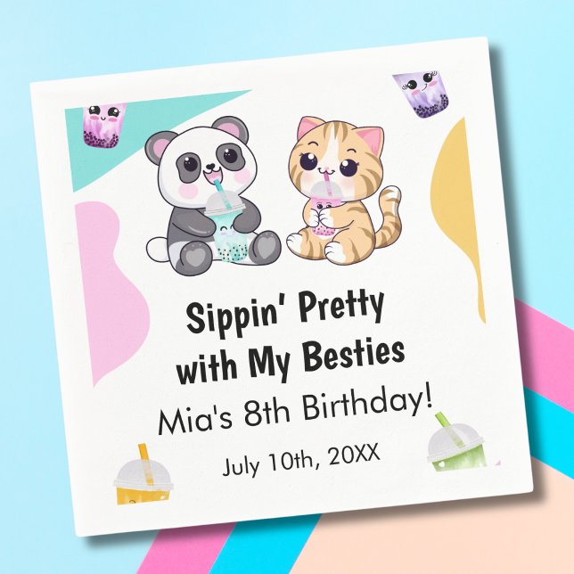 Kawaii Panda & Tiger Bubble Tea Kids Birthday  Napkin (Creator Uploaded)