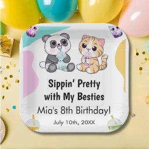 Kawaii Panda & Tiger Bubble Tea Kids Birthday  Paper Plate