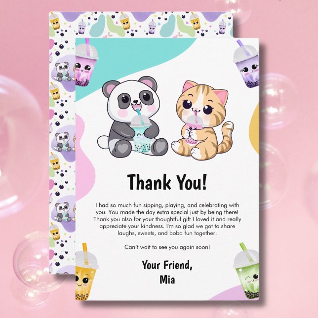 Kawaii Panda & Tiger Bubble Tea Kids Birthday  Thank You Card (Creator Uploaded)
