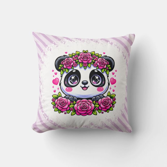 Kawaii Panda with Hearts and Roses Cushion (Front)