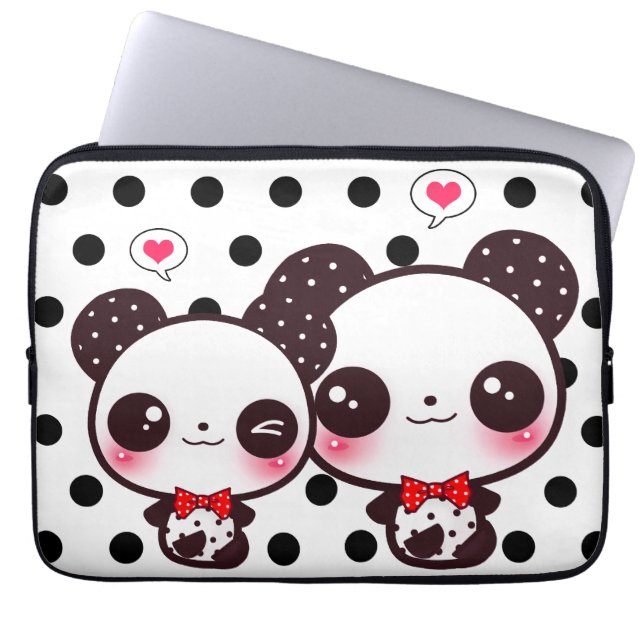 Kawaii pandas on black polka dots laptop sleeve (Front)